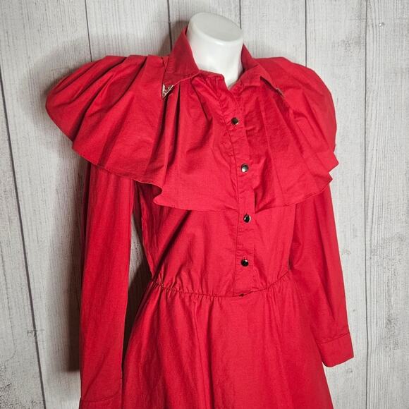 Vintage Lilia Smitty Red Western Shirt Dress Ruffle Yoke Collar, sz Small - Picture 2 of 7